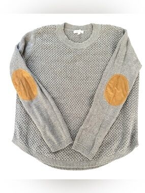 August Mist Gray Knit Crewneck Sweater with Tan Elbow Patches